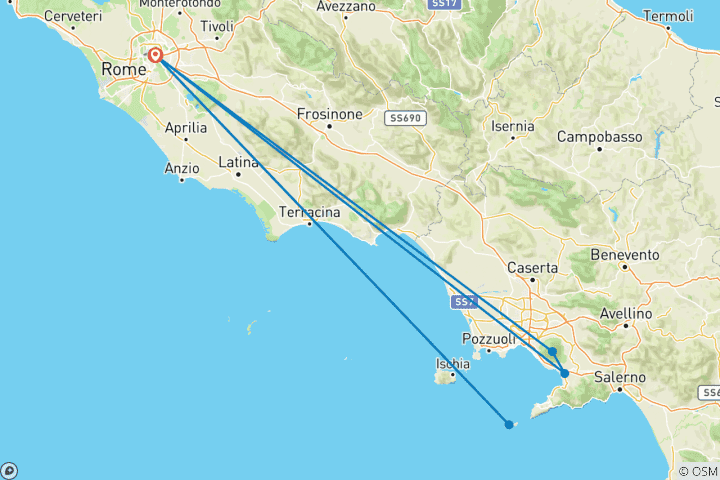 Carte du circuit 5 jours à Rome avec des excursions d'une journée : Pompéi, Capri et Tivoli