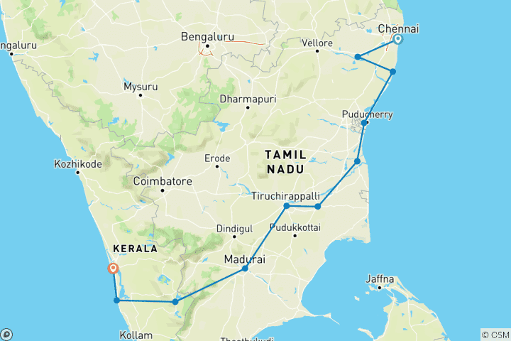 Mapa de Viaje al sur de la India con el Parque Nacional de Pariyar y Kerala