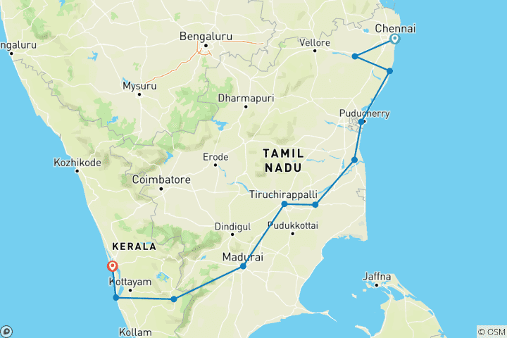 Carte du circuit Circuit en Inde du Sud avec le parc national de Pariyar et le Kerala