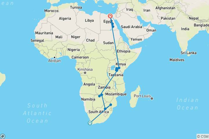 Carte du circuit Du Cap au Caire 2026 - 38 jours