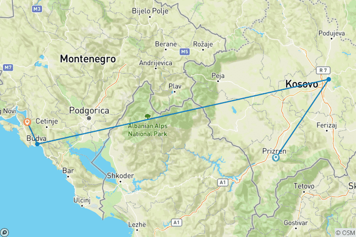 Carte du circuit Visite du Monténégro et du Kosovo en 2 jours au départ de Tirana ou de Durres