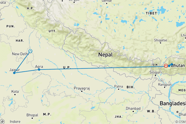Carte du circuit Circuit du Triangle d'Or de l'Inde avec le magnifique Bhoutan