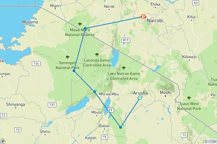 Carte du circuit Safari privé au cœur du Kenya et de la Tanzanie avec vols