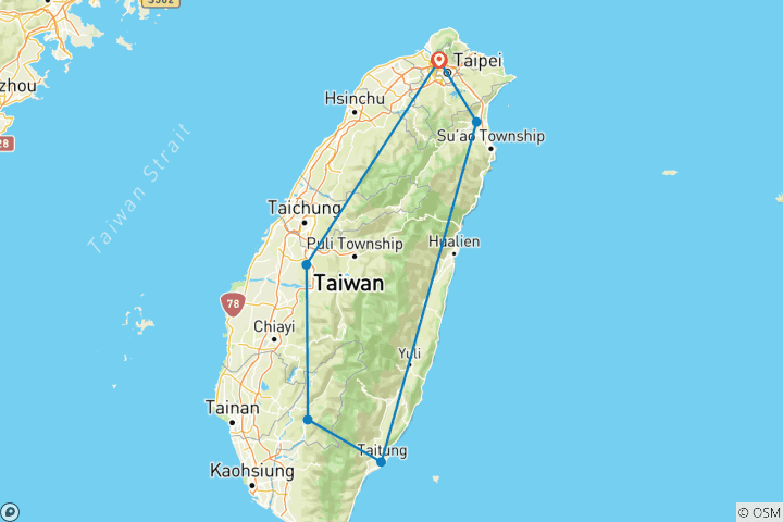 Carte du circuit 8 jours Essence de Taïwan (guide et chauffeur privés）Voyage en famille - personnalisable)