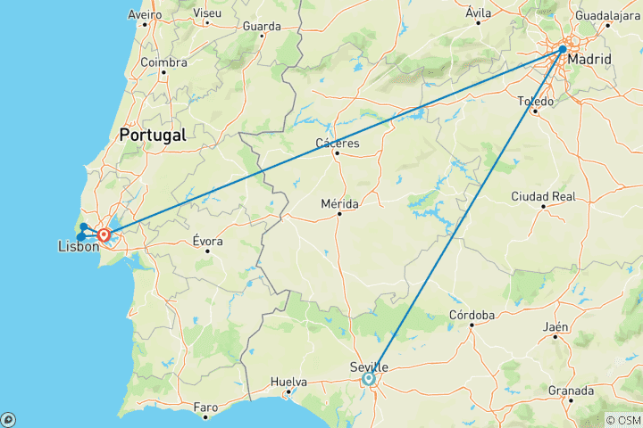 Mapa de 10 Días Sevilla, Madrid y Lisboa: La Elegancia del Viejo Mundo