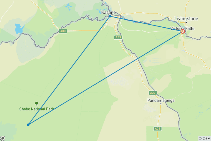 Mapa de Vive las Cataratas Victoria y el Parque Nacional de Chobe