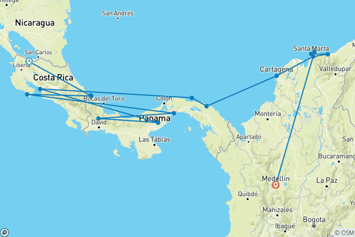 Carte du circuit Aventure en Amérique centrale et du Sud : Du Costa Rica à la Colombie
