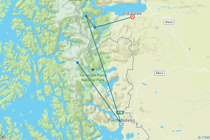 Carte du circuit Patagonie : Lacs turquoise et Torres del Paine