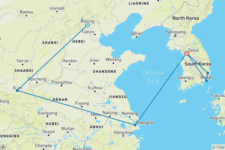Map of China and South Korea: East Asia Adventure