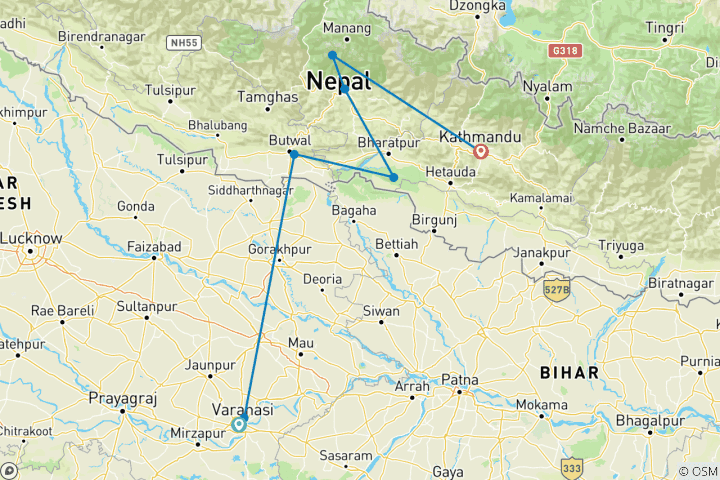 Map of India & Nepal on a Budget: Varanasi to Kathmandu