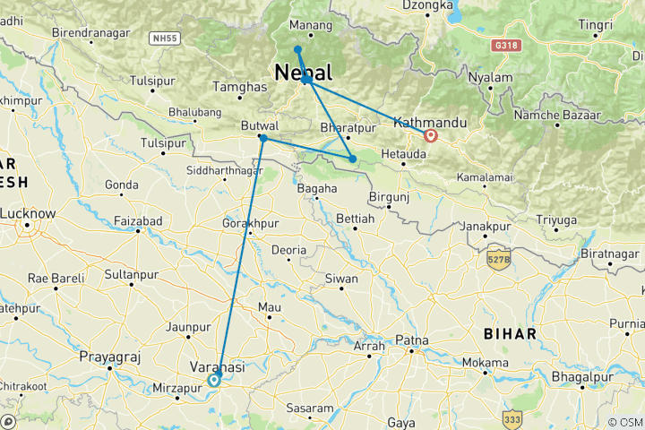 Map of Varanasi to Kathmandu: Temples, Trails & Himalayan Hikes