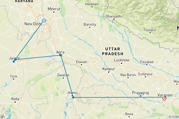 Map of India’s Golden Triangle: Taj Mahal to the Ganges