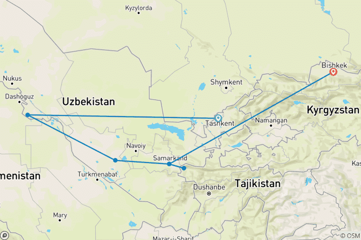 Carte du circuit Asie centrale : Ouzbékistan, Tadjikistan, Kazakhstan et Kirghizstan