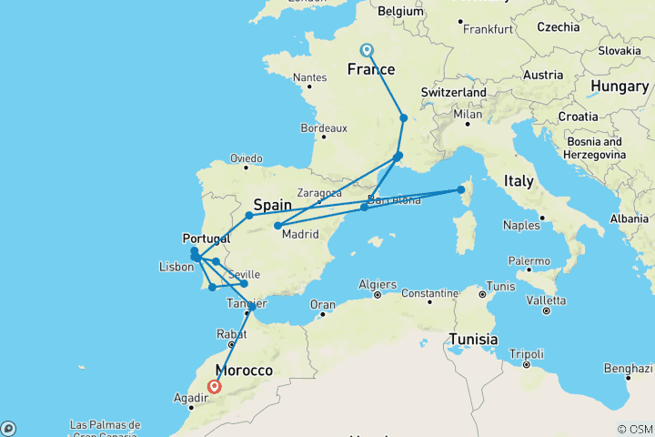 Carte du circuit Aventure de Paris à Marrakech