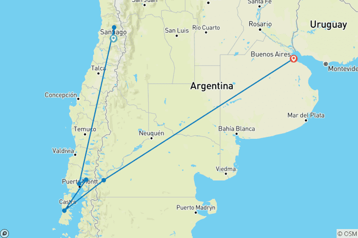 Map of Santiago to Buenos Aires: Volcanos, Valleys & the Lake District