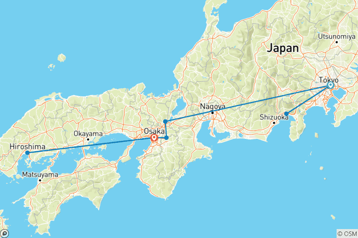 Carte du circuit 8 jours de voyage au Japon en mini-groupe avec max. 6 personnes, hôtels 3/4 étoiles