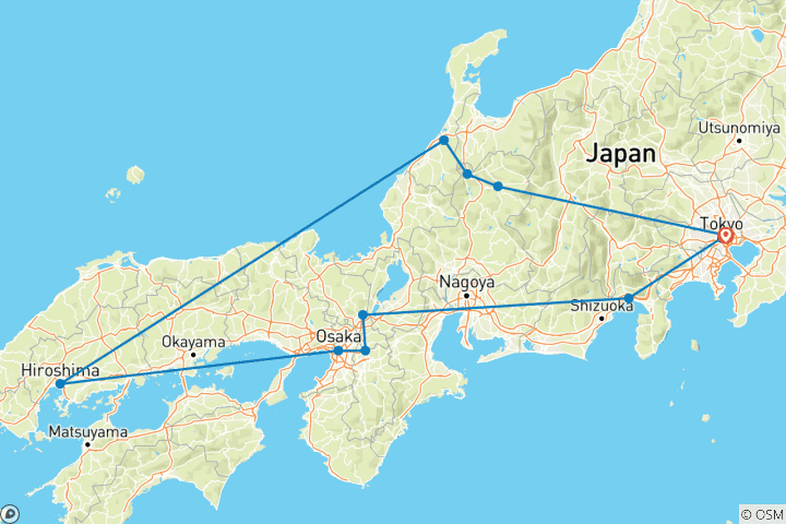 Map of 11 Days Japan Mini Group Tour with Family, Max 6 People and 3&4 Stars Hotels
