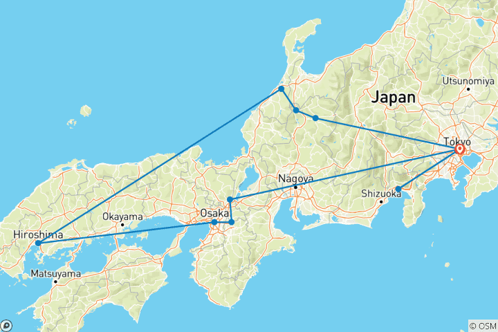 Carte du circuit 11 jours - Circuit au Japon en mini groupe avec famille, max. 6 personnes et hôtels 3 et 4 étoiles