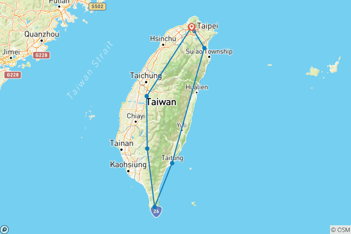 Carte du circuit 9 jours de découverte de Taïwan : Culture et littoral (guide et chauffeur privés）Voyage en famille - personnalisable)
