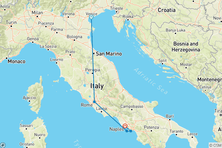 Carte du circuit Des gondoles à la côte : : 10 jours à Venise, Rome et Amalfi avec un séjour 5 étoiles