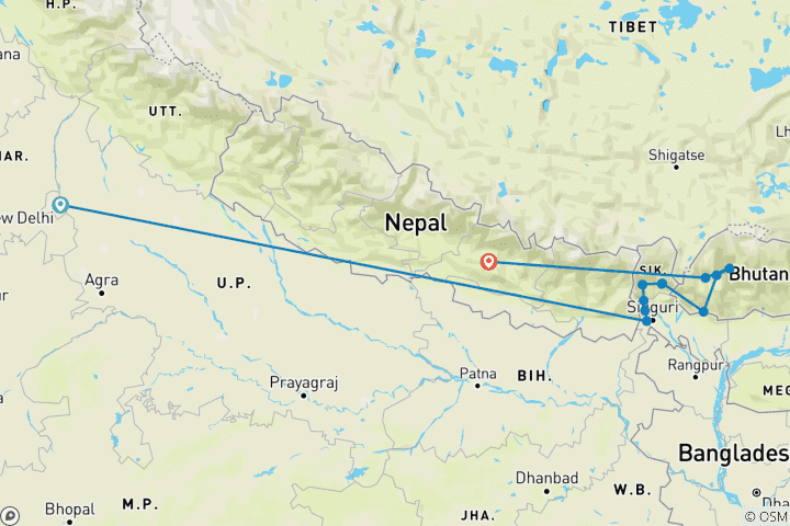 Karte von Teeplantagen, Dzongs und Stupas (von Delhi bis Kathmandu)