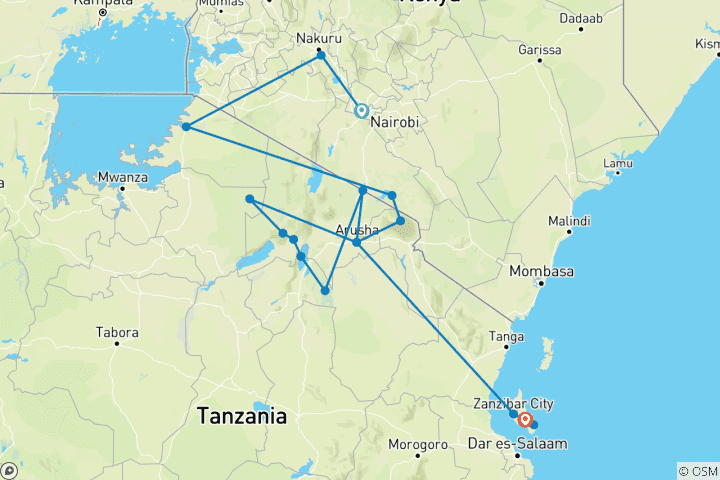 Carte du circuit Afrique de l'Est : Plages du Kenya, de la Tanzanie et de Zanzibar (from Nairobi to Forêt de Jozani)