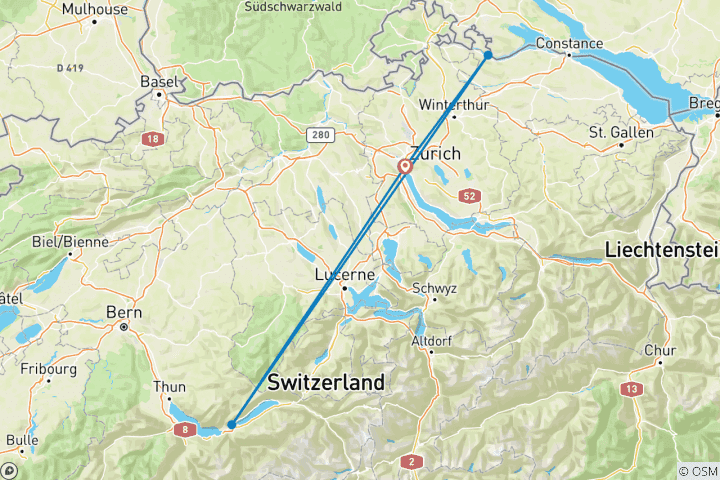 Carte du circuit 7 jours d'aventure suisse : Des rues de Zurich au ciel d'Interlaken