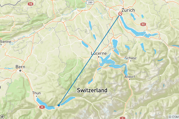 Carte du circuit 7 jours d'aventure suisse : Des rues de Zurich au ciel d'Interlaken