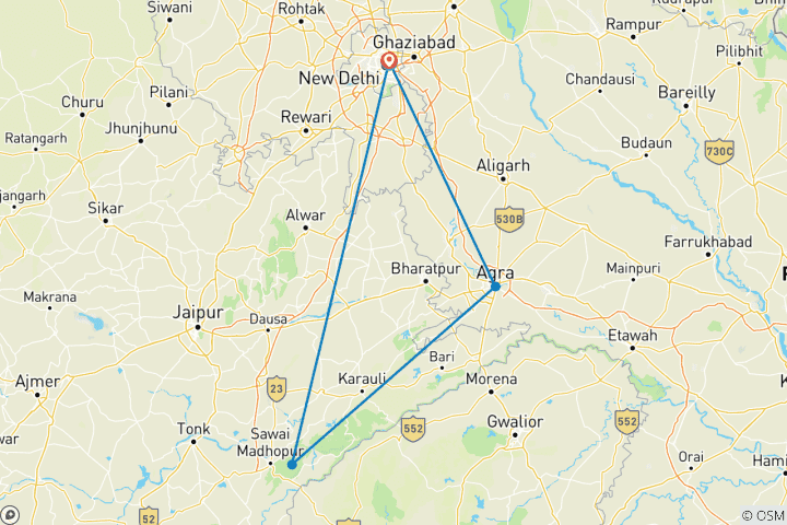 Map of 3 Days Taj Mahal Tour with Ranthambore Tiger Safari