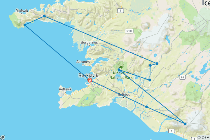 Carte du circuit Geluxe : L'hiver en Islande : Paysages d'un autre monde et aurores boréales