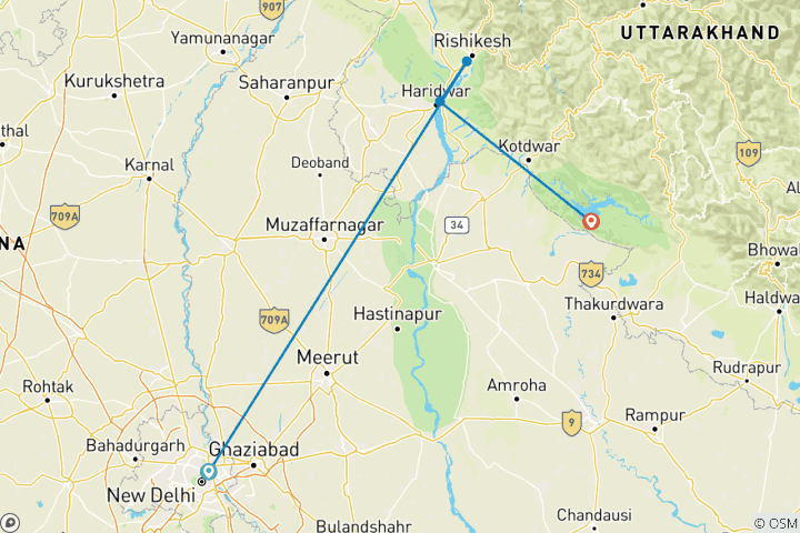 Map of Spiritual Ganges Tour With Jim Corbett National park