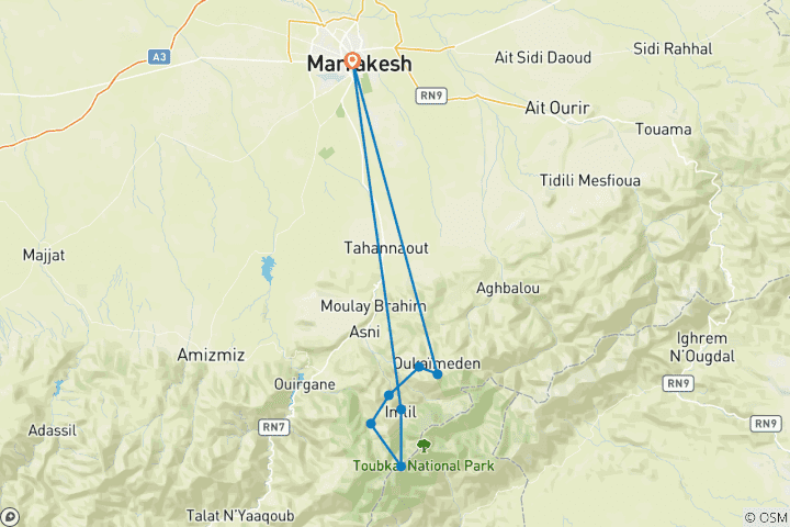 Carte du circuit Randonnée de 7 jours dans le Haut Atlas : Oukaimeden et Mont Toubkal