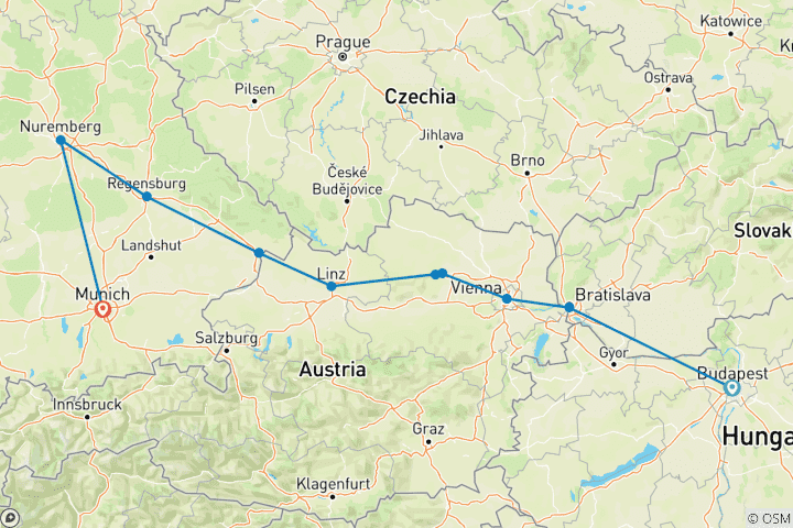 Karte von Donau in der Tiefe | (von Budapest bis München)