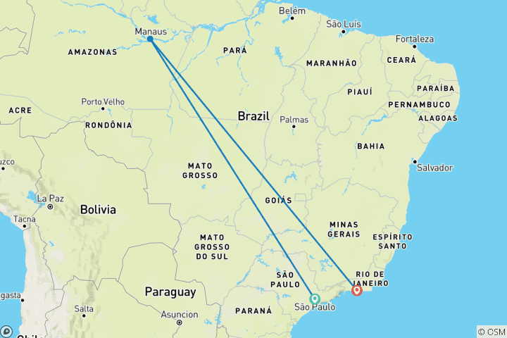 Map of Brasil: Sao Paulo, Manaus, Rio de Janeiro - 9 days