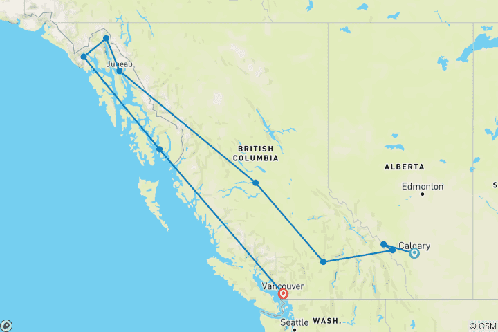 Map of Canadian Rockies and Alaska's Inside Passage featuring Rocky Mountaineer and a 7-night Alaska Cruise (Calgary, AB to Vancouver, BC) (2026)