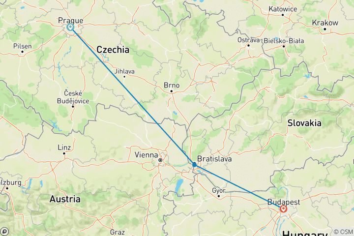 Kaart van Oost-Europa in 7 dagen (Praag, Bratislava en Boedapest)