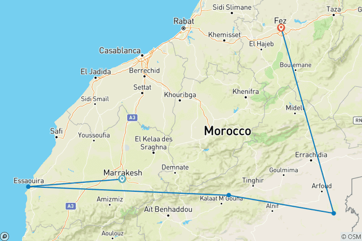 Kaart van 6 Daagse Marokko Woestijntour vanuit Marrakech