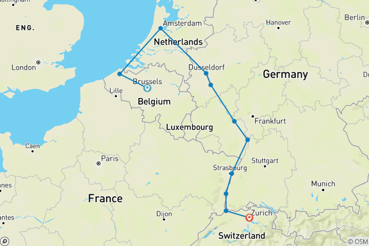 Mapa de Mercados navideños del Rin con Brujas 2027 - 11 Días (from Bruselas to Zúrich)