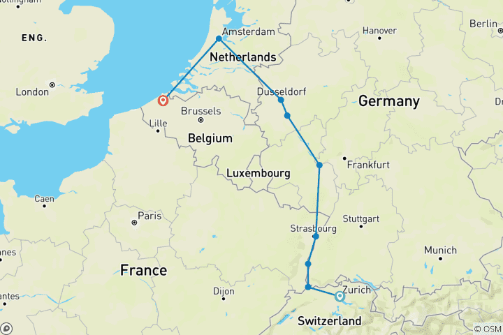 Map of Rhine Christmas Markets with Bruges 2027 - 11 Days (from Zurich to Bruges)