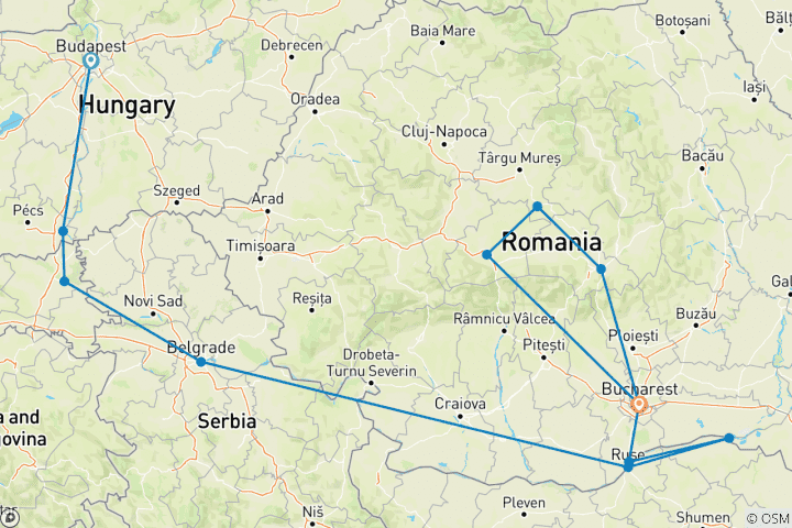 Kaart van Oost-Europa & Balkan Onontdekt met Transsylvanië & Boedapest 2027 - 15 Dagen (van Budapest naar Boekarest)