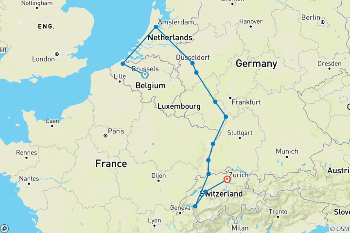 Map of Rhine Christmas Markets with Bruges & Switzerland 2027 - 15 Days (from Brussels to Zurich)