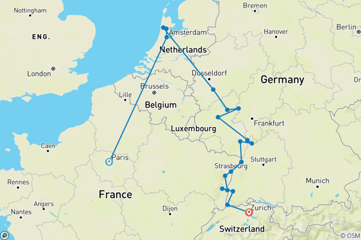Map of Rhine Highlights with Paris 2027 - 11 Days (19 destinations)