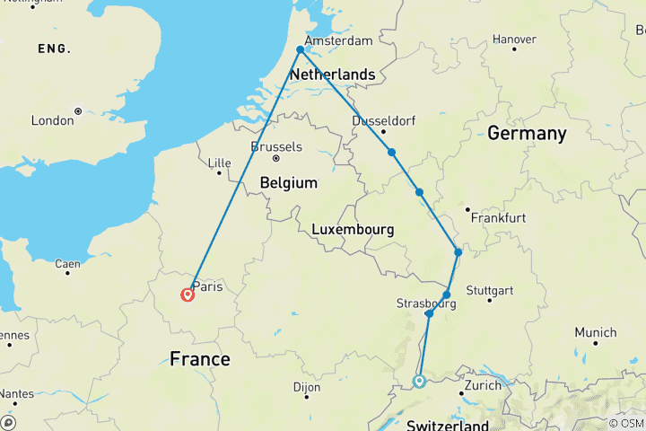 Kaart van Hoogtepunten van de Rijn met Parijs 2027 - 11 Dagen (van Bazel naar Parijs)
