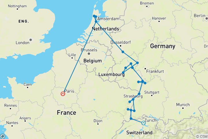 Karte von Rhein Highlights mit Paris 2027 - 11 Tage