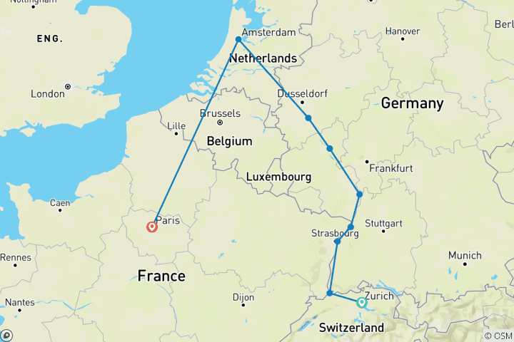 Kaart van Hoogtepunten van de Rijn met Parijs 2027 - 11 Dagen (van Zurich naar Parijs)