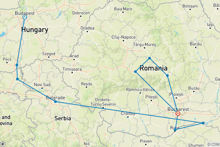Carte du circuit L'Europe de l'Est et les Balkans dévoilés avec la Transylvanie 2027 - 13 jours (from Budapest to Bucarest)