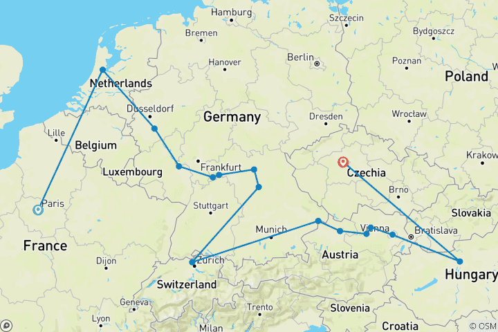 Carte du circuit Noël et Nouvel An avec Paris et Prague 2027 - 21 jours (including Regensberg)