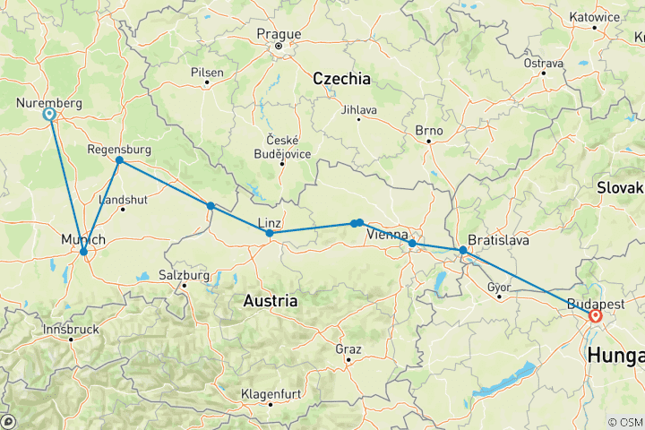 Map of Danube in Depth 2027 - 10 Days (from Nuremberg to Budapest)
