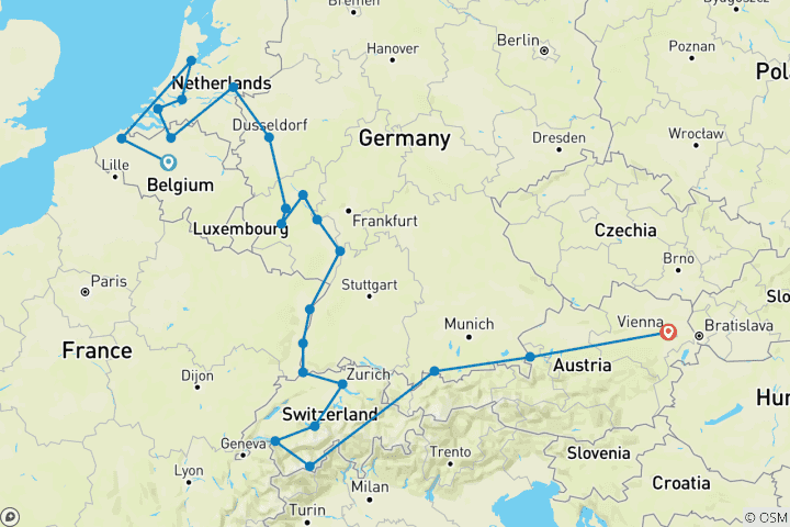 Map of Romantic Rhine & Moselle with Bruges & Wonders of Switzerland & Austria 2027 - 32 Days (from Brussels to Vienna)