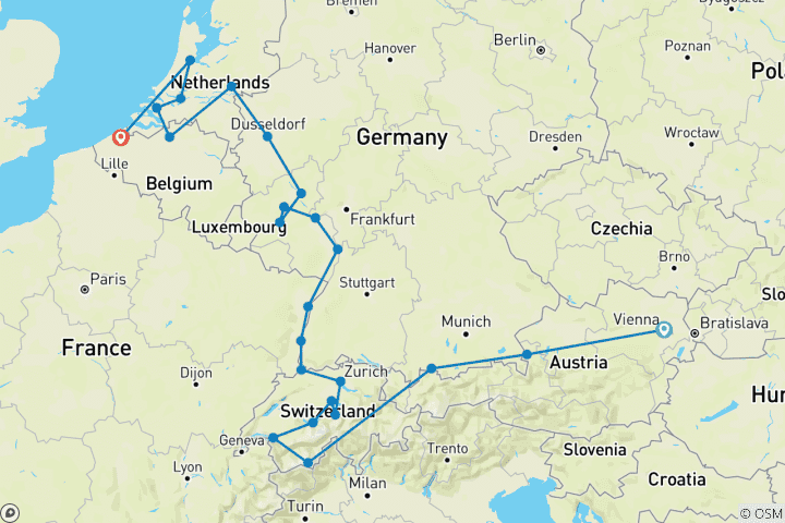 Map of Romantic Rhine & Moselle with Bruges & Wonders of Switzerland & Austria 2027 - 32 Days (from Vienna to Bruges)